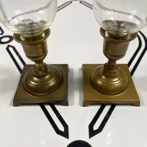 Pair Vintage MCM Brass Candle Holders w/ Glass Chimneys Square Base‎